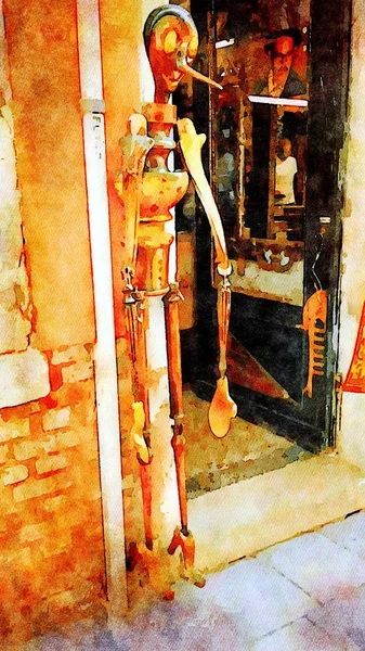 Pinocchio's wooden puppet in a small street in the historic center of Venice — Stock Photo, Image