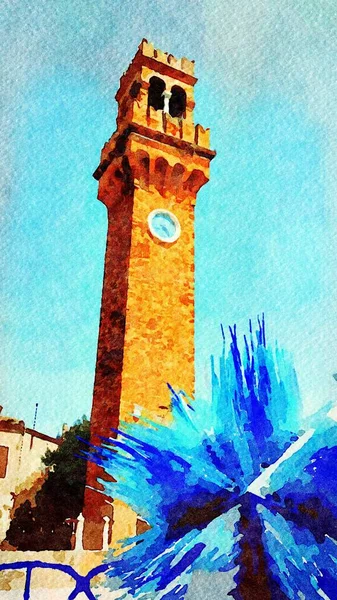 Una de las torres y una escultura azul en una de las plazas del centro histórico de Venecia — Foto de Stock