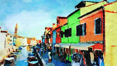 Venedik 'teki Burano kanallarındaki renkli binalar.