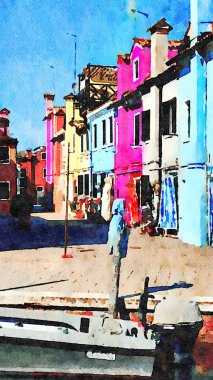 Venedik 'teki Burano kanallarındaki renkli binalar.