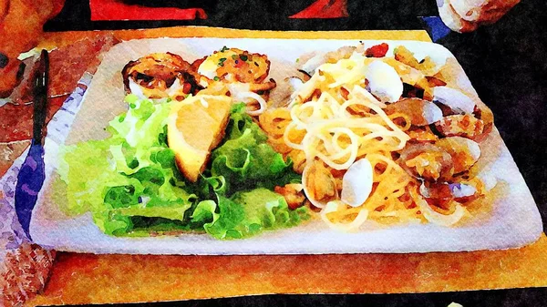 Страва з спагетті з молюсками і барбекю восьминога — стокове фото