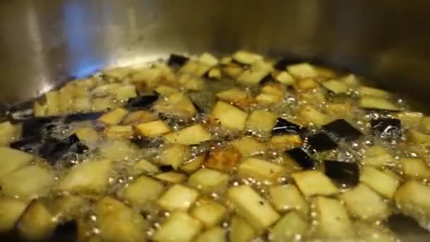 Auberginen mit etwas Salz, die in einer Kasserolle braten — Stockvideo