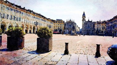 İtalya 'daki Torino meydanlarından birini temsil eden suluboya.