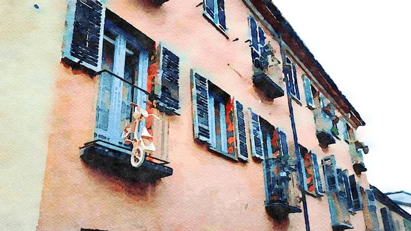 Aquarel Representeert Gevel Van Een Historisch Gebouw Turijn Italië — Stockfoto