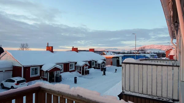 Sunrise Small Snowy Town North Sweden Sun Rising Rooftops — Stock Photo, Image