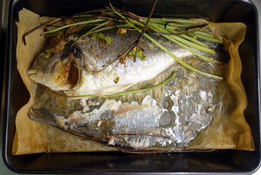 Fırında pişirilmiş tuzlu ve maydanozlu çipura servis edilmeye hazır.