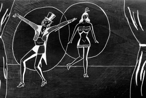 White Drawing Black Background Representing Two Dancers Cabaret Show — Stock Photo, Image