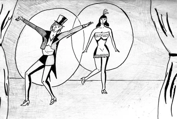 キャバクラショーで2人のダンサーを描いたモノクロのドローイング — ストック写真
