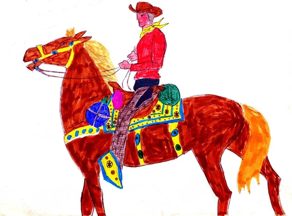 パロミーノ馬と牛の少年を描いた彩色画 — ストック写真
