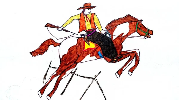 マスタングの馬を持った牛の少年を描いた彩色画 — ストック写真