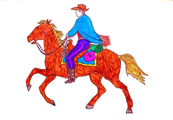 Colored Drawing Representing Cow Boy His Palomino Horse — Stock Photo, Image
