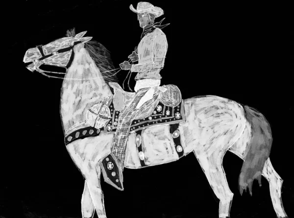 Disegno Bianco Sfondo Nero Raffigurante Ragazzo Mucca Con Suo Cavallo — Foto Stock