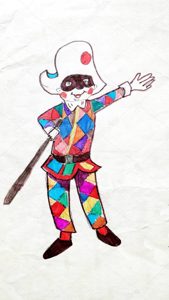 colored drawing of Harlequin, a famous character of the commedia dell'arte in Italy