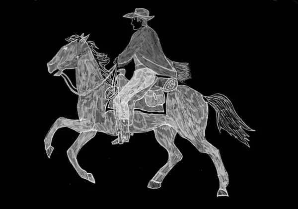 Белый Рисунок Черном Фоне Представляющий Коровьего Мальчика Своей Лошадью — стоковое фото