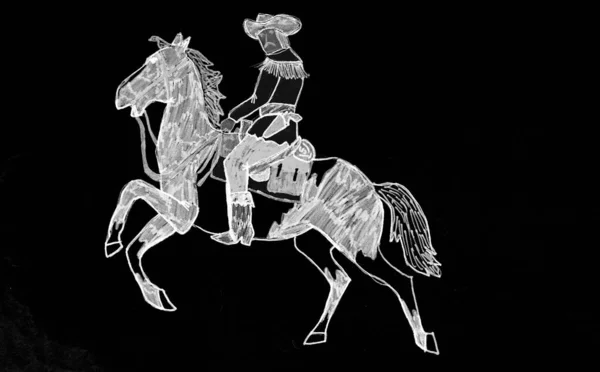 Vit Teckning Svart Bakgrund Föreställande Pojke Med Sin Häst — Stockfoto