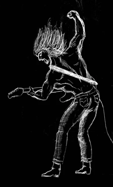 エレキギターでロックミュージシャンを表現した黒い背景に白い絵を描き — ストック写真