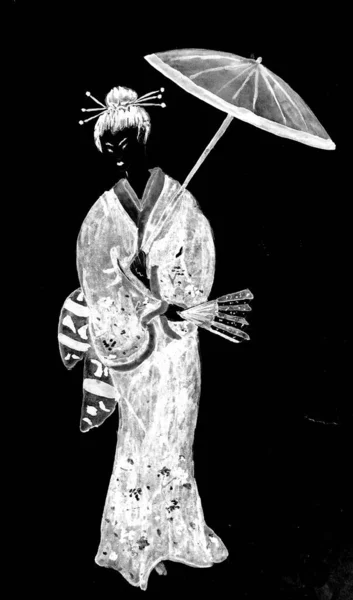White Drawing Black Background Representing Young Oriental Woman Komono Fan — Stock Photo, Image