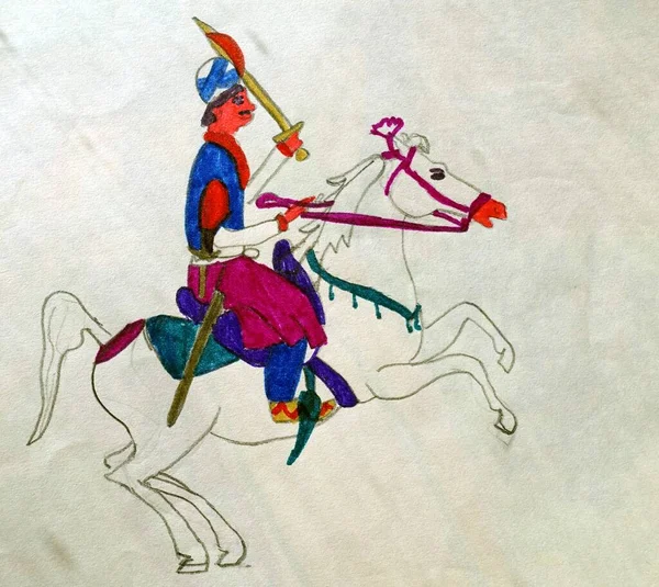 Цветной Рисунок Представляющий Индийского Принца Тюрбаном Мечом Белой Лошадью — стоковое фото