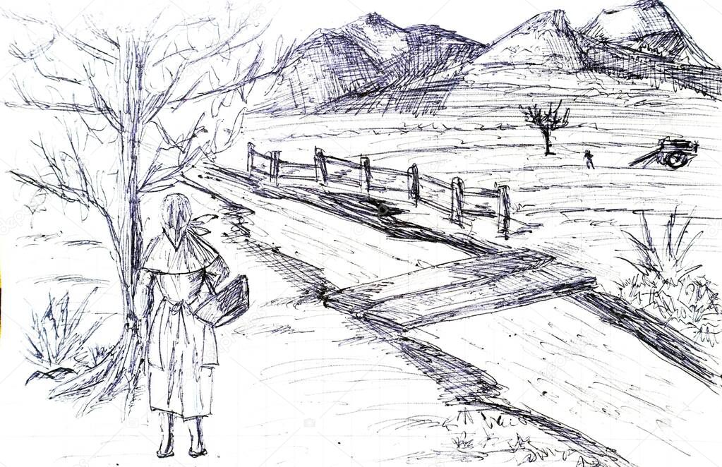 black and white drawing representing a peasant woman admiring the panorama of cultivated fields