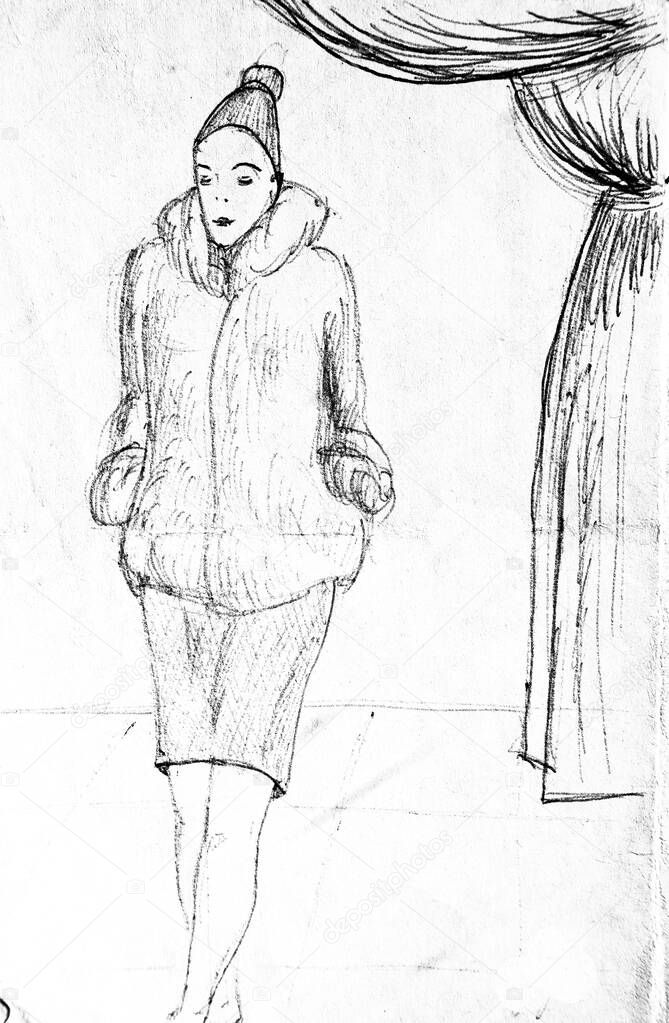 black and white drawing depicting a young woman with fur jacket posing in a theater