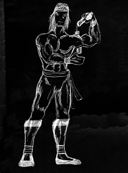 white drawing on a black background representing a karate wrestler who trains with the nunchako