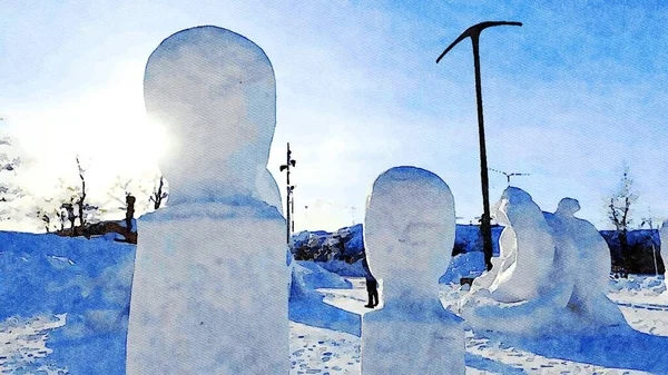 Kiruna Švédsko Února2020 Akvarel Reprezentující Ledové Sochy Veřejném Parku Města — Stock fotografie