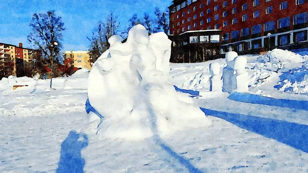 Kiruna Sweden February 2020 Watercolor Representing Ice Sculptures Public Park — Stock Photo, Image