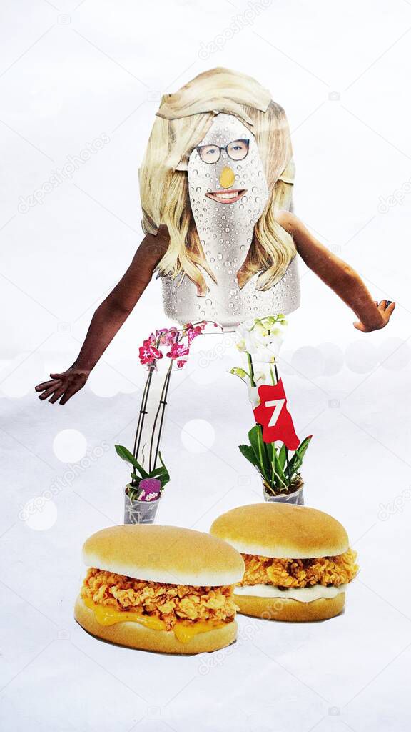 Abstract human figure with two hamburgers at his feet composed with the collage technique