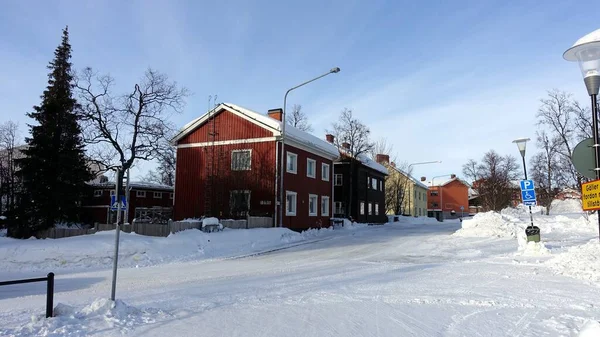 Kiruna Sverige Februari 2020 Historiska Byggnader Längs Snötäckta Gatorna Centrum — Stockfoto