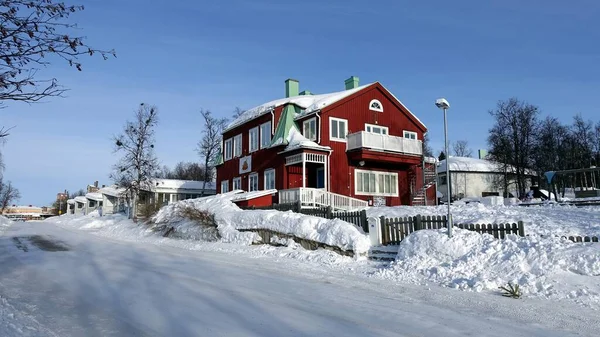 Kiruna Sverige Februari 2020 Historiska Byggnader Längs Snötäckta Gatorna Centrum — Stockfoto