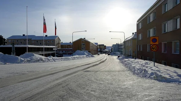 Kiruna Sverige Februari 2020 Gatorna Kirunas Snöiga Centrum Vintern — Stockfoto