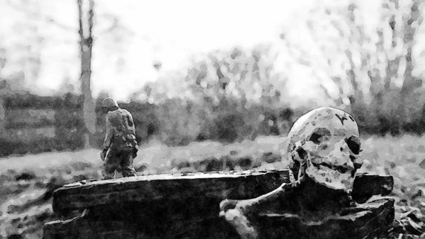 Akwarela Reprezentująca Żołnierza Śmierć Świcie Nowej Ery Żołnierz Zostawia Sobą — Zdjęcie stockowe