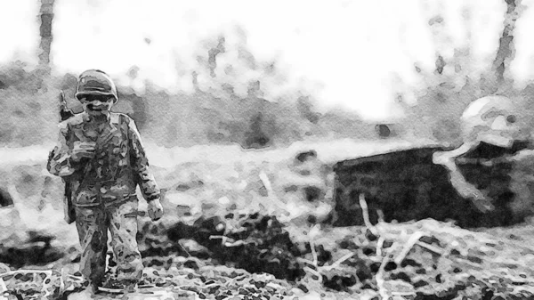 Υδατογραφία Που Αντιπροσωπεύει Έναν Στρατιώτη Και Θάνατο Στην Αυγή Μιας — Φωτογραφία Αρχείου