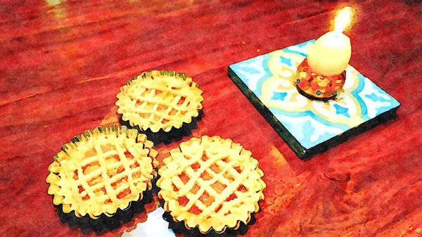 伝統的なイースターケーキと卵型のキャンドルを表す水彩 幸せなイースターの願いとして — ストック写真