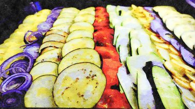 Sebzeleri temsil eden suluboya bir tavada ince dilimlenmiş ve pişirilmeye hazır. Patlıcan, kabak, soğan, patates ve domates.