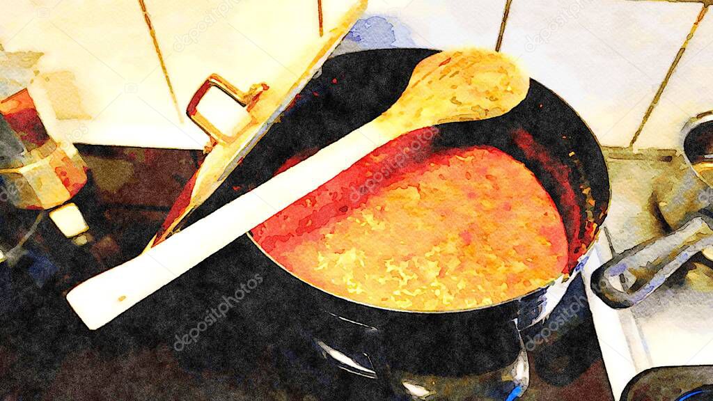 watercolor representing a pot full of lamb ragout sauce ready for seasoning noodles