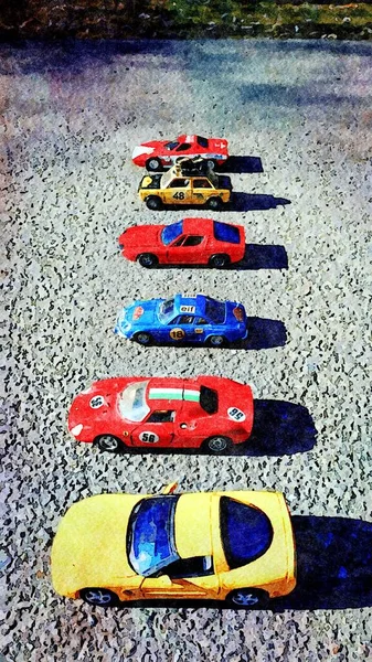 水彩画代表一组准备开赛的著名赛车 — 图库照片