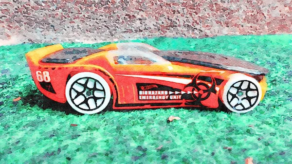 Stockholm Sweden April 2020 Watercolor Representing Orange Racing Car — Stock Photo, Image