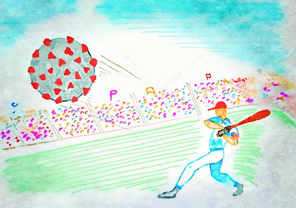 Colored drawing with markers and watercolors on white paper representing an American baseball player who sweeps away the covid-19 virus with his bat