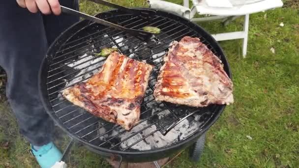 Durante este período de cuarentena, la carne a la parrilla en el jardín es relajante. Los pimientos dulces están listos. — Vídeos de Stock