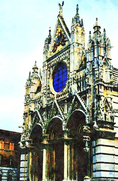 Acuarela Que Representa Una Visión Fachada Principal Catedral Siena Toscana — Foto de Stock