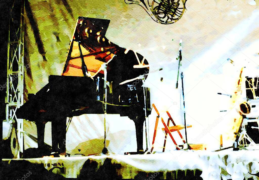 Watercolor representing a grand piano and a saxophone ready to be played