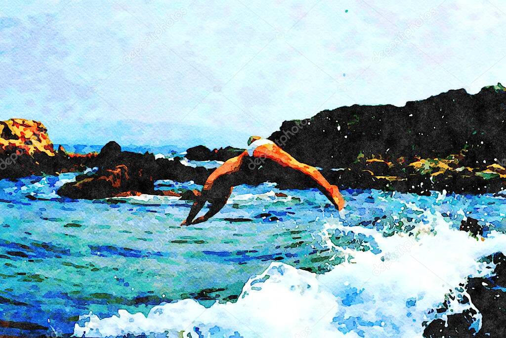 Watercolor representing a young man who dives into the waves of the sea
