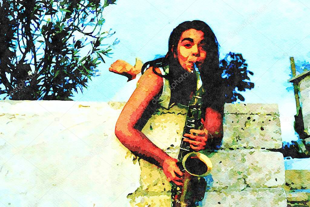 watercolor representing a saxophonist woman playing joking lying on a wall in the garden