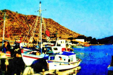 Bir Yunan adasının küçük körfezine demirlenmiş balıkçı teknelerini gösteren suluboya resim