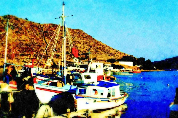 Watercolorstyle Picture Representing Fishing Boats Moored Small Bay Greek Island — Stock Photo, Image