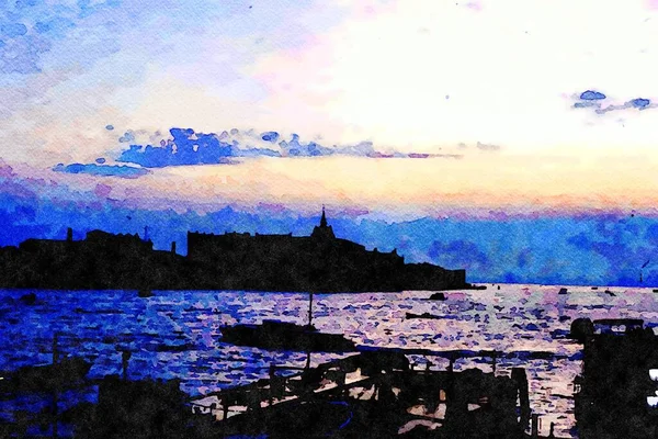 Watercolorstyle resmi Venedik gölünün gün batımını gösteriyor.