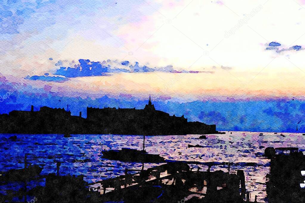 Watercolorstyle picture representing a glimpse of the Venice lagoon at sunset