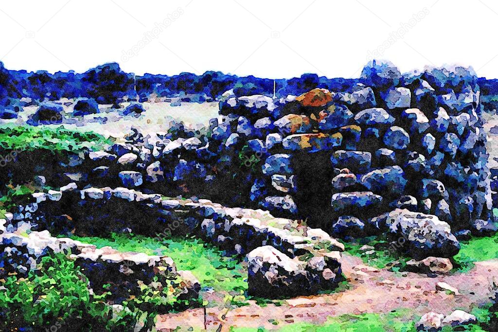 Watercolorstyle picture representing the open air ruins of the Nuraghe Losa near Oristano in Sardinia