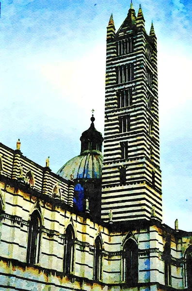 Obraz Akvarelu Znázorňující Pohled Věž Kopuli Katedrály Siena Toskánsku — Stock fotografie
